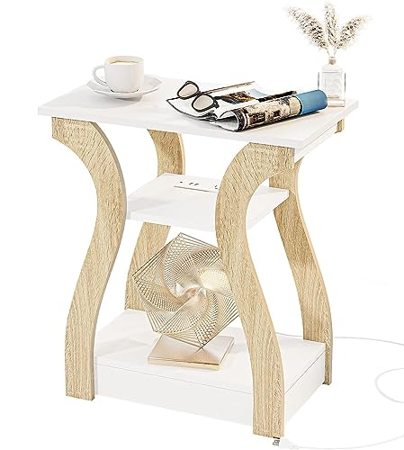 FROMJBEST End Table with Charging Station, Side Table with USB Ports and Outlets, Nightstand, 3 Tier End Table with Storage Shelf for Living Room, Bedroom (White) - color: White+oak