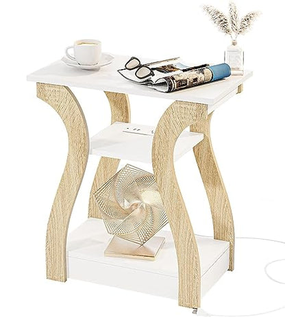 FROMJBEST End Tables Living Room, End Table with Charging Station,White&Oak | Side Table Living Room, with USB Ports and Outlets, Nightstand for Bedroom, 3-Tier Storage Shelf, Bedside Table - color: White+oak