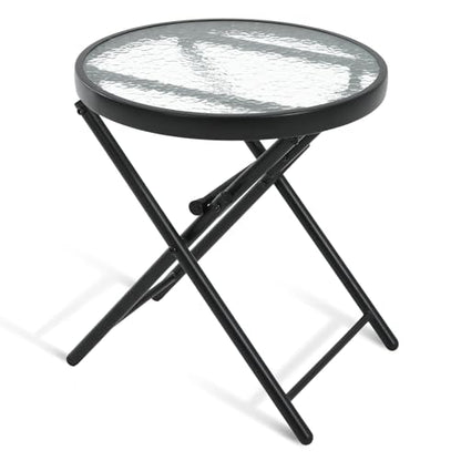 Folding Outdoor Side Table -Patio End Bistro Tables Portable Small 17.5" Round Tempered Glass Top Waterproof Dining Coffee Metal Black - color: Transparent-round