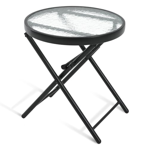 Folding Outdoor Side Table -Patio End Bistro Tables Portable Small 17.5" Round Tempered Glass Top Waterproof Dining Coffee Metal Black - color: Transparent-round