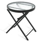 Folding Outdoor Side Table -Patio End Bistro Tables Portable Small 17.5" Round Tempered Glass Top Waterproof Dining Coffee Metal Black - color: Transparent-round