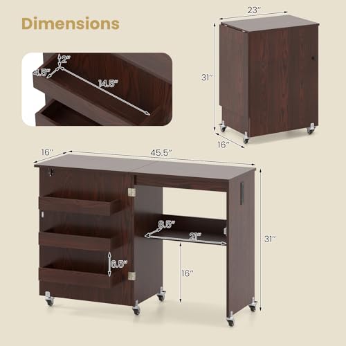 Giantex Folding Sewing Table with Charging Station, Storage Trays & Shelf | Rolling Craft Table with Lockable Wheels, Foldable Sewing Machine Cabinet Desk for Small Spaces, Dorms, Espresso - color: Espresso