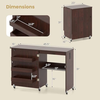 Giantex Folding Sewing Table with Charging Station, Storage Trays & Shelf | Rolling Craft Table with Lockable Wheels, Foldable Sewing Machine Cabinet Desk for Small Spaces, Dorms, Espresso - color: Espresso