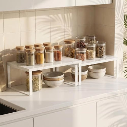 CADUKE Counter Shelf Set of 4 Kitchen Cabinet Shelf Organizer Stackable Expandable Countertop Shelf Organizer Spice Rack for Bathroom Pantry Racks,Metal and Engineered Wood, Marble White - color: Marble White