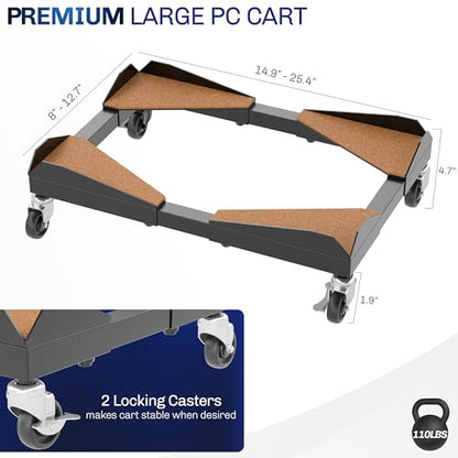 VIVO Black Premium Large Steel Under Desk PC Cart, CART-PC03D | Rolling CPU Trolley, Adjustable Mobile Computer Stand Holder with Locking Wheels, Fits Most Gaming PCs up to 25 x 12 inches
