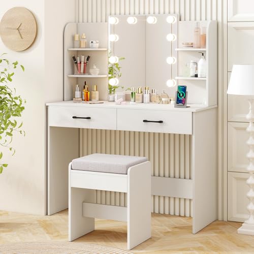CHARMAID Vanity Desk with Mirror and Lights, White Makeup Vanity Table with Large Drawers, Storage Shelves, Charging Station, 3 Lighting Modes, Modern Vanity Dressing Table with Stool for Bedroom - color: White, size: 42.5"W