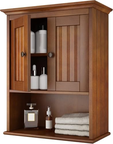 Treocho Wood Wall Cabinet, Bathroom Medicine Cabinet Storage with Doors and Adjustable Shelf, Rustic Cabinet Wall Mounted for Bathroom, Livingroom, Kitchen, Cupboard, Reddish Brown - color: Reddish Brown