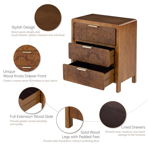 COZAYH Farmhouse Nightstand with 3 Drawer, Distressed Wood Rustic Accent Dresser, Burl Finish Bedside Table for Bedroom, Entryway, Fully Assembled, Brown - color: Dark Brown, size: 3 Drawer-No USB