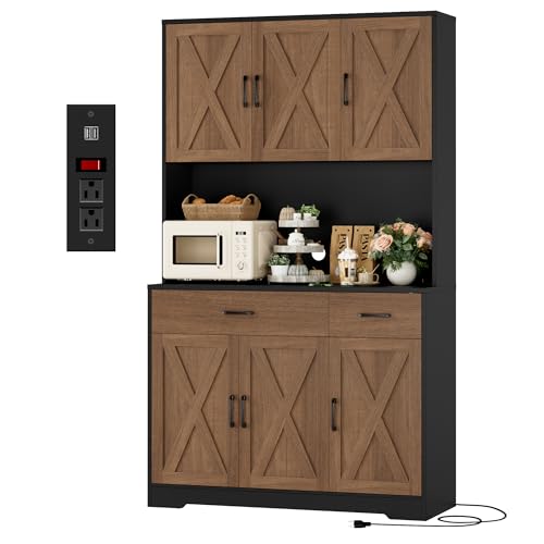 HOSTACK 71" Pantry Cabinet with Charging Station, Tall Kitchen Pantry Storage Cabinet with Microwave Stand, Farmhouse Kitchen Hutch with Storage Drawers for Living Room, Dining Room, Brown/Black - color: Brown/Black