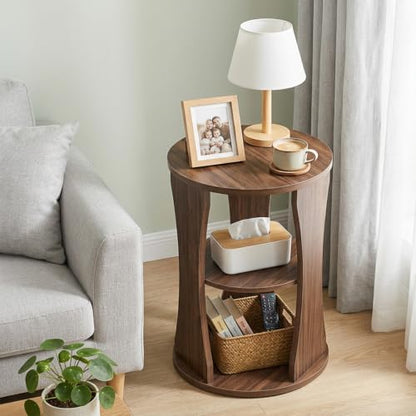 YATINEY Round Side Table, 3-Tier Small End Table with Storage Shelves, Wooden Accent Table for Living Room, Bedroom, Walnut ET15WL - color: Walnut