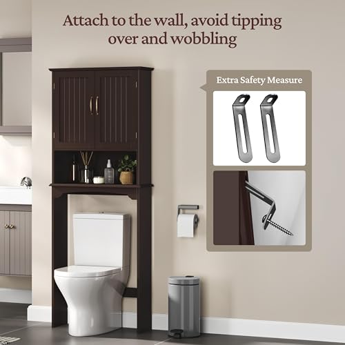 Yaheetech Over The Toilet Storage with 2 Doors & Adjustable Shelf, Free Standing Toilet Rack Wooden Space-saving Collect Cabinet, Bathroom Furniture, 9Dx24.5Wx66H Inches, Espresso - color: Espresso