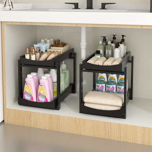 Bamboo Under Sink Organizer and Storage, 2 Pack Pull Out Cabinet Organization, 2 Tier Vertical Slide Out Undersink Storage Shelf, Multi-Purpose Organizer Shelves for Kitchen Bathroom Medicine - color: Black, size: 2 Pack-A