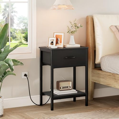 Vagusicc Black Nightstand with Charging Station, End Table with Fabric Drawer, Small Side Table with 2-Tier Storage Shelves, 25.4" Tall Bedside Table, Black Night Stand for Bedroom, Living Room, Dorm - color: Black (1 Pack)
