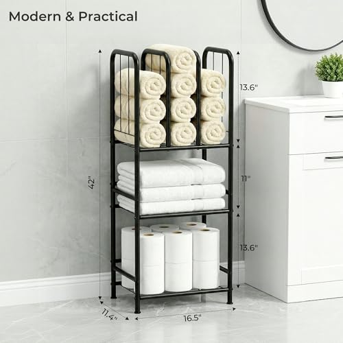 3 Tier Towel Racks for Bathroom with Dividers, Free Standing Metal Towels Holder Stand with Shelf, Towel Storage Organizer Bathroom Shelf, Metal Shelving Unit, Pool Towel Rack, Black