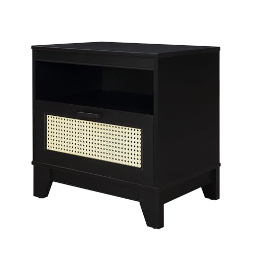 Manhattan Comfort Sheridan Cane Mid Century Modern Nightstand with 1 Full-Extension Drawer and Open Cubby Space, Elegant Bedside Table and Decor Accent for Bedroom and Living Room, Set of 2, Black - size: Set of 2