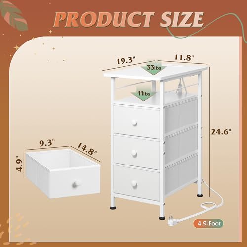 WLIVE Narrow Side Table with Charging Station, End Table with LED Lights,3 Fabric Drawers and Open Shelf, Bed Side Tables Living Room, Small Spaces, Bedroom, White - color: White, size: 3 Drawers
