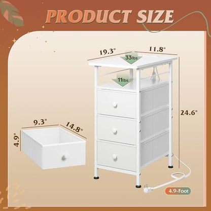 WLIVE Narrow Side Table with Charging Station, End Table with LED Lights,3 Fabric Drawers and Open Shelf, Bed Side Tables Living Room, Small Spaces, Bedroom, White - color: White, size: 3 Drawers
