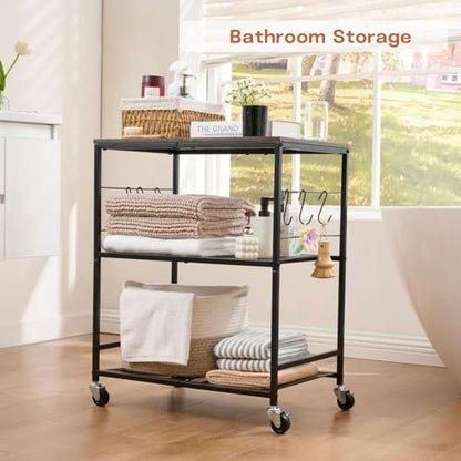 Rolling Kitchen Microwave Cart, 3 Tier Microwave Stand with Storage, Small Kitchen Island on Wheels, Wood and Mental Kitchen Shelf Rack, Black Organizer for Living Room, Office, Balcony - color: Black