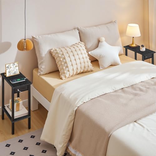 HOOBRO Small End Table with Charging Station, Narrow Side Table with USB Port and Outlets, Skinny Sofa Table, Slim Nightstand, Living Room, Bedroom, Black BK240UBZ01 - color: Black, size: 7.9"L x 15.7"W x 22.6"H