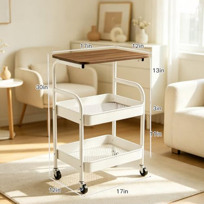 3 Tier Rolling Cart with Walnut Table Top, Sturdy Metal Storage Cart with Lockable Wheels, Multi-Purpose Mobile Shelf for Kitchen, Bedroom, Snacks, Coffee, Craft, Makeup, Garage (White) - color: White
