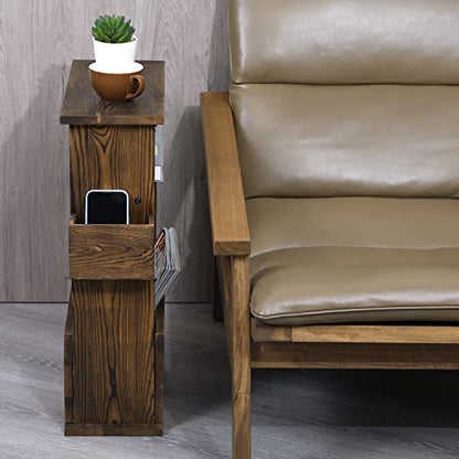 MyGift 24 Inch Tall Rustic Burnt Wood End Table with Remote Control Holder, Storage Shelf, and Magazine Rack, Wooden Narrow Living Room Couch Side Accent Furniture - color: Burnt Wood