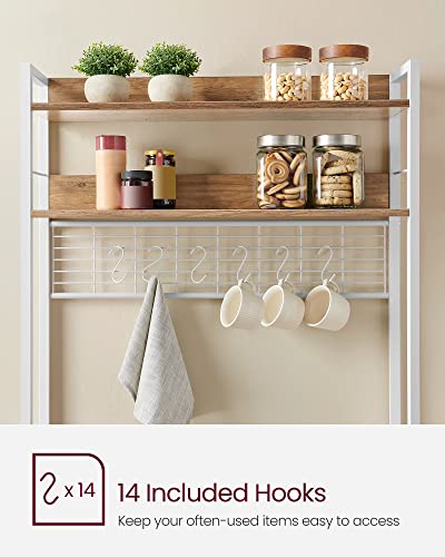 VASAGLE Bakers Rack with Power Outlet, Microwave Stand, Kitchen Tall Utility Storage Shelf, with Metal Wire Panel, 14 Hooks, 15.7 x 31.5 x 66.9 Inches, Rustic Walnut and Cloud White UKKS025W41 - color: Rustic Walnut + Cloud White, size: 31.5"W