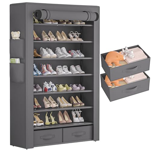 OYREL Shoe Rack Storage Cabinet 32 Pairs Organizer Shelf Tall for Shoes Large Free Standing Racks Vertical Shoe Holder Stand with Cover Two Boxes Closet - color: Grey, size: 8Tier 33.3"W+2Bins
