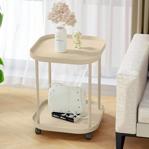 Side Table with Wheels, End Table Living Room Plastic Mobile Sofa Side Table Small Night Stand Bedroom Khaki (2 Pack) - color: Khaki, size: 2 Pack