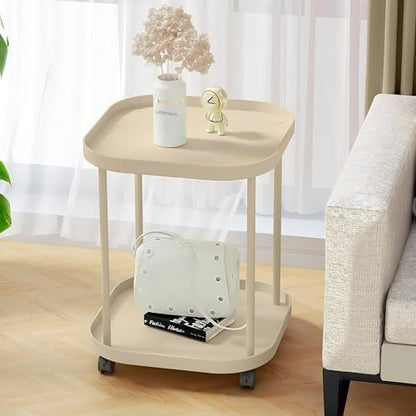 Side Table with Wheels, End Table Living Room Plastic Mobile Sofa Side Table Small Night Stand Bedroom Khaki (2 Pack) - color: Khaki, size: 2 Pack