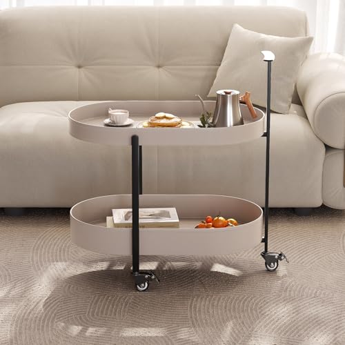 Oval End Table with Storage Shelves, 2-Tier PU Leather Tray Side Table with Wheels, Modern Sofa Table & Nightstand for Bedroom, Living Room, Compact Rolling Tray Table with Lockable Casters