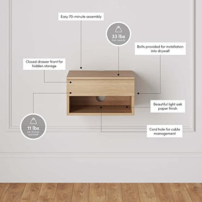 Nathan James Jackson Wall Mounted Floating Bedroom Nightstand with Storage Drawer and Modern Open Shelf Cubby, Light Oak Wood - color: Light Oak, size: 1
