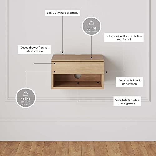 Nathan James Jackson Wall Mounted Floating Bedroom Nightstand with Storage Drawer and Modern Open Shelf Cubby Set of 2, Light Oak Wood - color: Light Oak, size: Set of 2