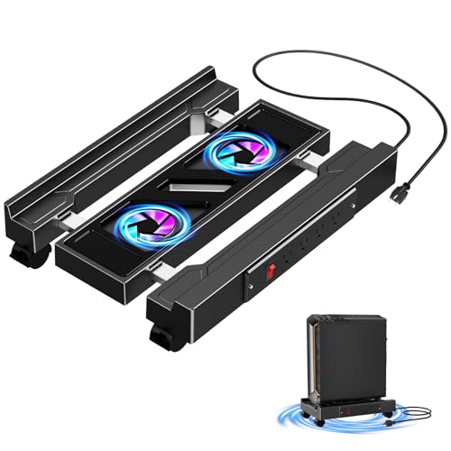 Computer Tower Stand with Charging Station and Cooling System | Adjustable Mobile CPU Holder with 4 Rolling Casters, Under Desk CPU Bracket PC Floor Cart PC Riser for Office, Home - color: Socket with Fan