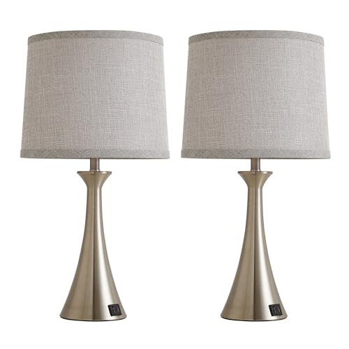 Touch Lamp for Living Room Bedroom, 21" Table Lamps Set of 2 with USB C+A Ports and Grey Lamp Shades, Touch Bedside Lamps for Nightstand with 3 Way Dimmable, 2 LED Bulbs Included, Silver - color: Silver 2pcs