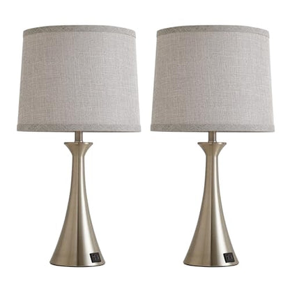 Touch Lamp for Living Room Bedroom, 21" Table Lamps Set of 2 with USB C+A Ports and Grey Lamp Shades, Touch Bedside Lamps for Nightstand with 3 Way Dimmable, 2 LED Bulbs Included, Silver - color: Silver 2pcs