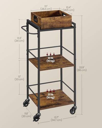 VASAGLE Kitchen Serving Cart with Removable Tray, 3-Tier Kitchen Utility Cart on Wheels with Storage, with Brakes, Leveling Feet, 11.8 x 13.7 x 33.9 Inches, Rustic Brown and Black ULRC062B01 - color: Rustic Brown + Black, size: 11.8"D x 13.7"W x 33.9"H