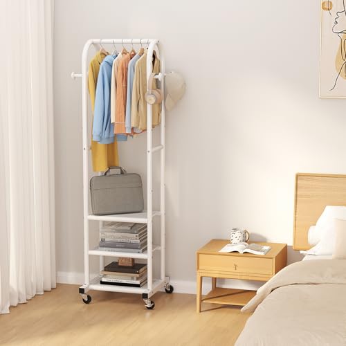 Dttwacoyh Clothing Rack with Wheels,Narrow Metal Garment Rack,White | Easy to install, 71.8 Inches Display Rack with 4 Side Hooks & 3 Shelves,for Small Flats, Bedroom, Entryway,White Clothes Rack - color: White