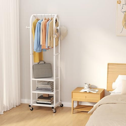 Dttwacoyh Clothing Rack with Wheels,Narrow Metal Garment Rack,White | Easy to install, 71.8 Inches Display Rack with 4 Side Hooks & 3 Shelves,for Small Flats, Bedroom, Entryway,White Clothes Rack - color: White