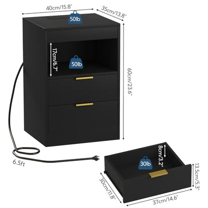 Yusong Night Stand, Black Nightstand, LED Nightstand with Charging Station, Modern Night Stand, Bedside Table, Wood Sofa Couch End Side Table with 2 Pull-Out Shelf - color: Black 001