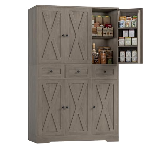 HOSTACK Farmhouse Kitchen Pantry Storage Cabinet with 3 Drawers, Ash Gray | 67"H Large Food Pantry Cabinet with Swing-Out Door Rack & Adjustable Shelf for Kitchen, Dining room, Living room - color: Ash Gray