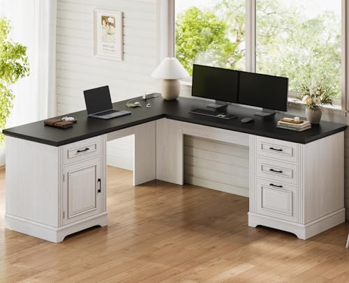 Itaar Farmhouse Executive L Shaped Desk, Home Office Desk with File Drawer and Power Outlet, Computer Corner Desk with Drawers and Storage Cabinet, Workstation for Office Home, White - color: White, size: L Shaped Desk