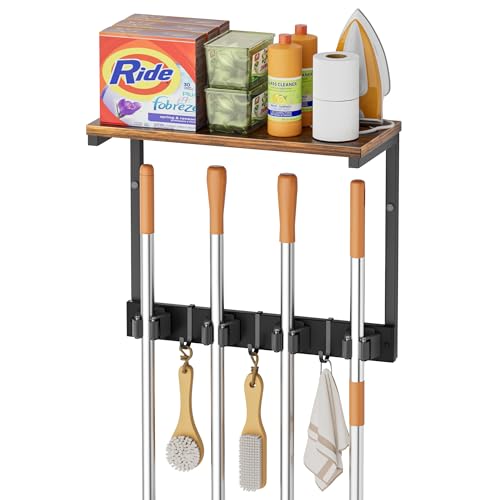 Broom Holder Wall Mount with Cleaning Supplies Organizer, Laundry Room Organization and Storage Shelves, Mop Hanger Broom Rack with Hooks, Home Improvement Kitchen Shelf Garage Organizer - size: Small
