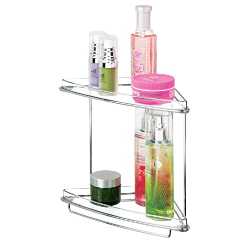 mDesign Steel/Plastic Freestanding Countertop Corner Shelf Organizer with 2-Tier Storage for Bathroom, Vanity, Cabinet, Counter - Holds Makeup, Bath Gel - Prism Collection - Clear