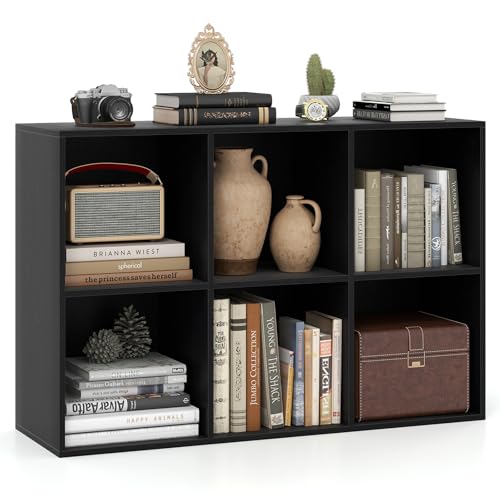 Giantex 6-Cube Bookcase, 3-Tier Cubby Bookshelf, Horizontal Vertical Display Rack with Anti-Tipping Kits, Modern Storage Organizer Shelf Unit for Bedroom, Living Room, Study Room, Black | Horizontal Vertical Display Rack with Anti-Tipping Kits, Modern Sto