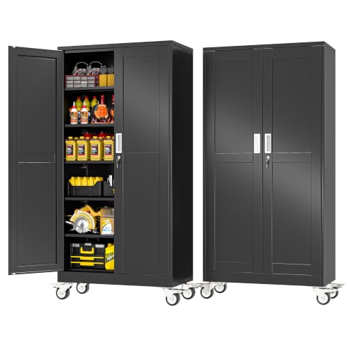 PAOFIN Metal Garage Storage Cabinet with Wheels,Steel Lockable File Cabinets with 2 Doors and 5 Adjustable Shelves,74" H Locking Tool Cabinets for Home Office, Warehouse, Required Assembly,Black - color: Black, size: 74"