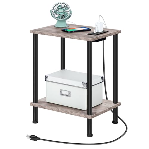 HOOBRO Side Table with Charging Station, Set of 2 End Tables with USB Port and Outlets, Nightstand with 2-Layer Storage Shelves for Small Spaces, Living Room, Bedroom, Greige and Black BG09UBZP201 - color: Greige + Black