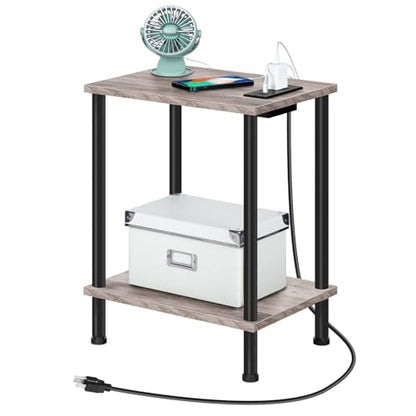 HOOBRO Side Table with Charging Station, Set of 2 End Tables with USB Port and Outlets, Nightstand with 2-Layer Storage Shelves for Small Spaces, Living Room, Bedroom, Greige and Black BG09UBZP201 - color: Greige + Black