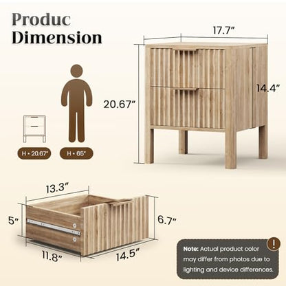 MODNEST 18" Fluted Nightstands Set of 2, Bed Side Tables Oak | Mid Century Modern Night Stand with Drawers for Bedroom Wood Nightstand Small End Table Bedroom Set - color: Oak, size: 15.7"D x 17.7"W x 20.7"H (2 Drawers)