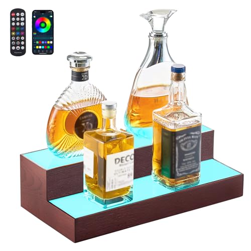VEVOR LED Lighted Liquor Bottle Display, 2-Tier 16 Inch Whiskey Rack, Supports USB, Illuminated Home Bar Shelf with RF Remote & App Control, 7 Static Colors, Acrylic+ Wood Lighted Shelf for 8 Bottles - size: 2 Step 16 Inches（Wood+Acrylic）