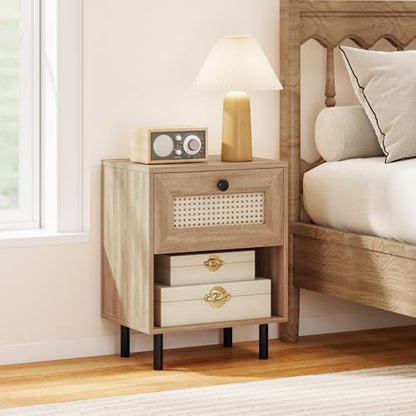 Giantex Rattan Nightstand with Drawer, Mid Century Modern Bed Side Table w/ 4 Metal Legs and Open Storage Shelf, Wood Boho End Table for Small Spaces, Night Stand for Bedroom Office, Natural - color: Natural